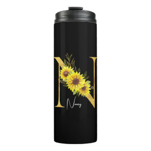 Sunflower Monogram Letter N Floral Letter N Gift Thermal Tumbler
