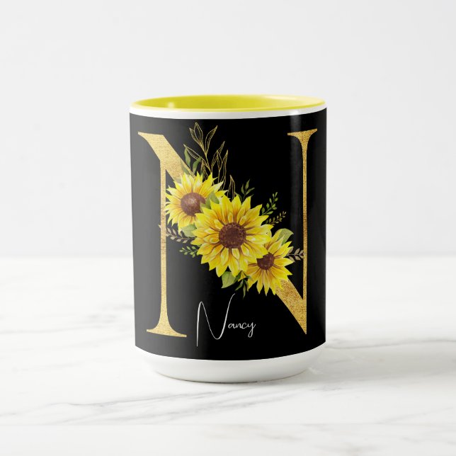 Sunflower Monogram Letter N Floral Letter N    Mug (Center)