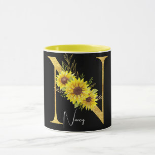Sunflower Monogram Letter N Floral Letter N  Mug