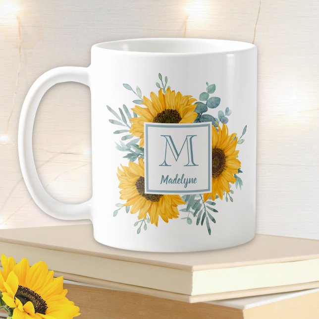 Sunflower Monogram Name Personalised Coffee Mug (Creator Uploaded)