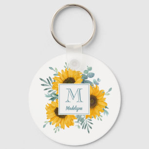 Sunflower Monogram Name Personalised Floral Key Ring