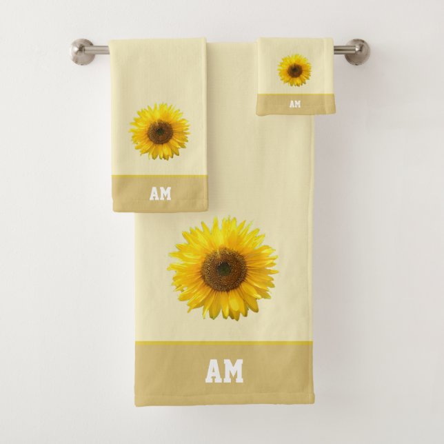 Sunflower & Monogram on Light Beige Bath Towel Set (Insitu)