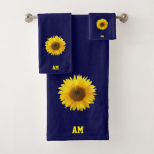 Sunflower & Monogram on Navy Blue Bath Towel Set
