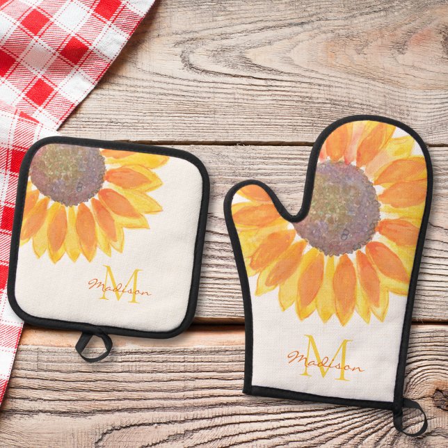 Sunflower Monogram  Oven Mitt & Pot Holder Set (Creator Uploaded)
