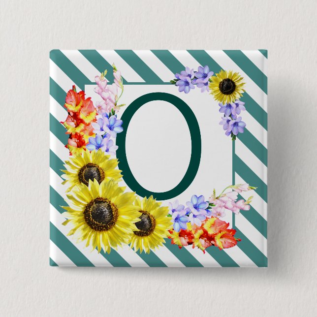 Sunflower Monogram Teal Stripes 15 Cm Square Badge (Front)
