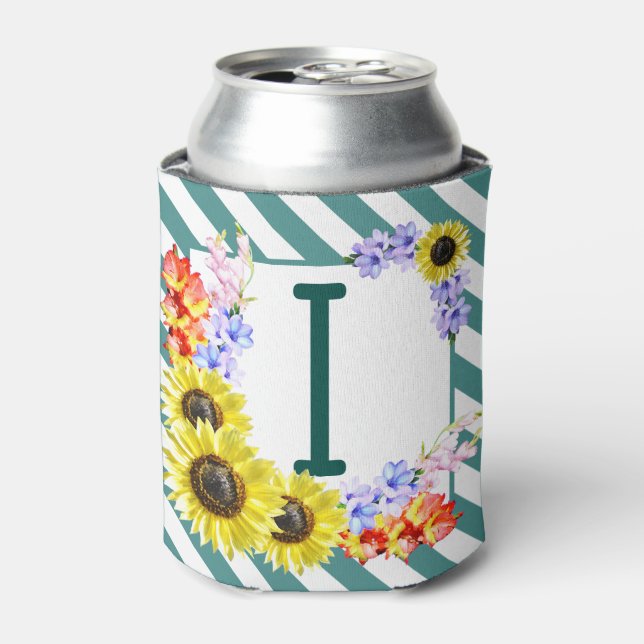 Sunflower Monogram Teal Stripes Can Cooler (Can Front)
