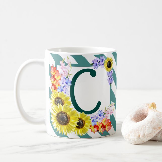 Sunflower Monogram Teal Stripes Coffee Mug (With Donut)