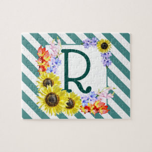 Sunflower Monogram Teal Stripes Jigsaw Puzzle
