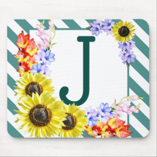 Sunflower Monogram Teal Stripes Mouse Mat