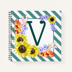 Sunflower Monogram Teal Stripes Notebook