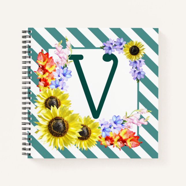Sunflower Monogram Teal Stripes Notebook (Front)
