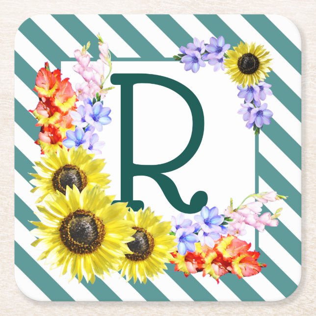 Sunflower Monogram Teal Stripes Square Paper Coaster (Front)