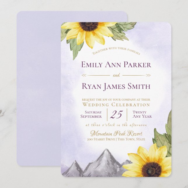 Sunflower Mountain Lavender Purple Wedding Invitation (Front/Back)