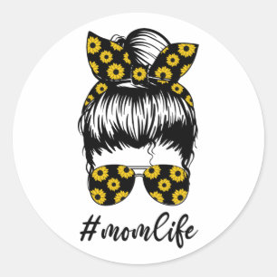 Sunflower Mum Life Messy Bun Cute Mothers Day Classic Round Sticker