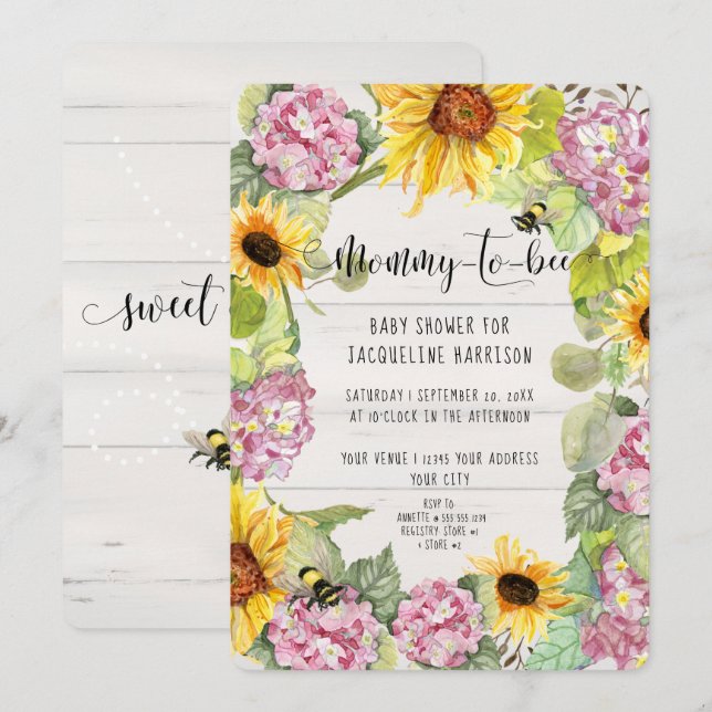 Sunflower Mummy to Bee Pink Hydrangeas Shower Invitation (Front/Back)