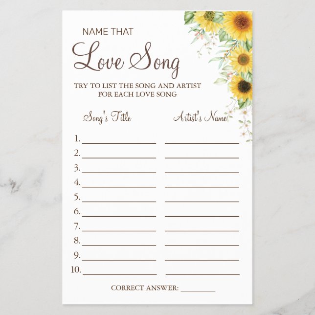 Sunflower Name that love song shower game card (Front)