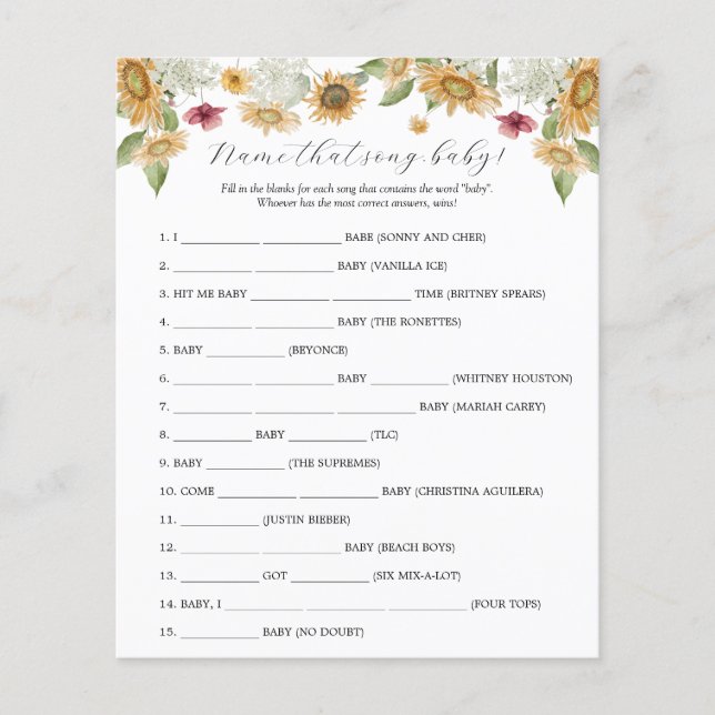 Sunflower Name that Song Baby Shower game  (Front)