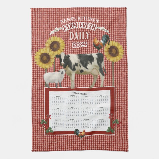 Sunflower Nana Rooster Cow Farm Fresh Red n White Tea Towel (Vertical)