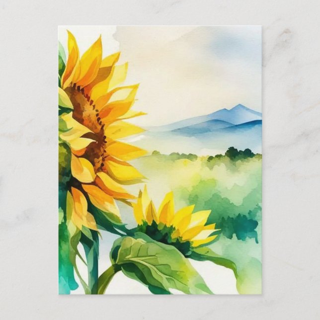 Sunflower, natural scenery, watercolor art, flower postcard (Front)