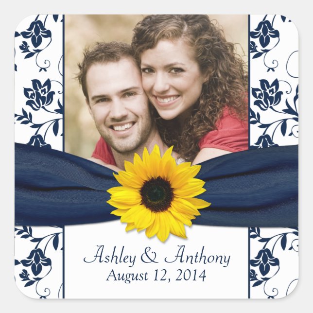 Sunflower Navy and White Damask Wedding Stickers (Front)