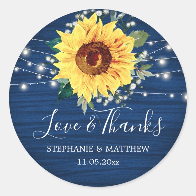 Sunflower Navy Babys Breath Lights Thanks Wedding Classic Round Sticker (Front)