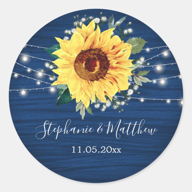 Sunflower Navy Babys Breath Lights Wedding Classic Round Sticker (Front)