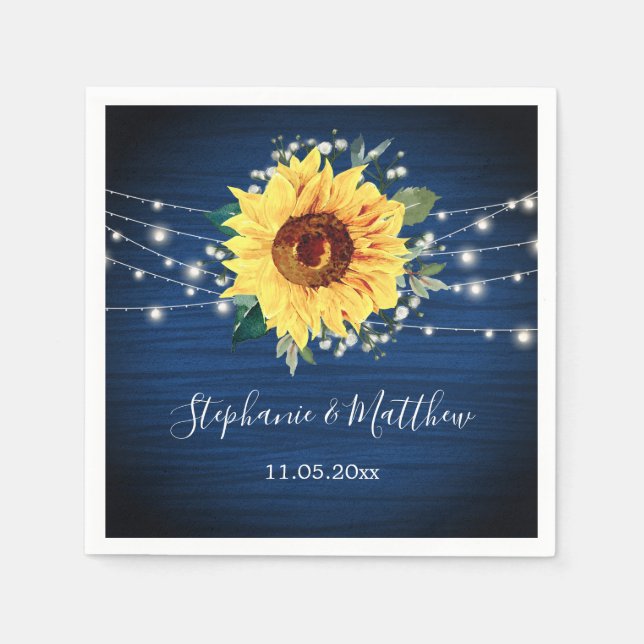 Sunflower Navy Babys Breath Lights Wedding Napkin (Front)