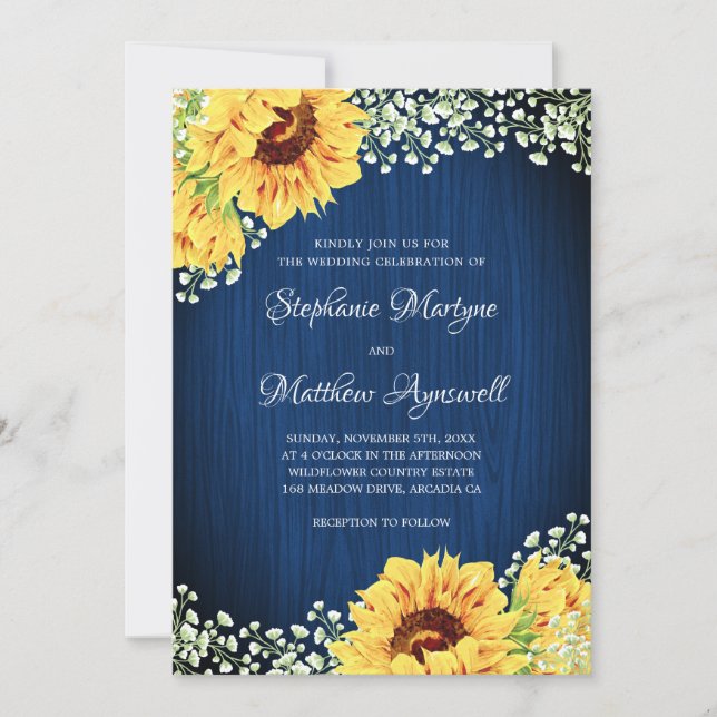 Sunflower Navy Blue Babys Breath Wedding Invitation (Front)