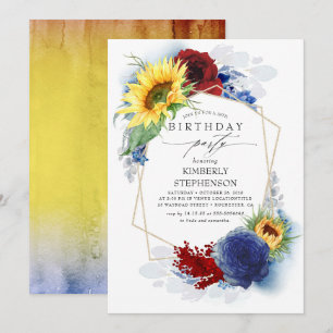 Sunflower Navy Blue Burgundy Red Birthday Party Invitation