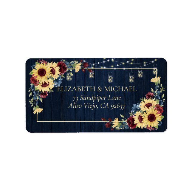 Sunflower Navy Blue Burgundy Wood Floral Address Label (Front)