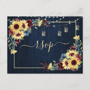 Sunflower Navy Blue Burgundy Wood Floral +Menu Invitation Postcard