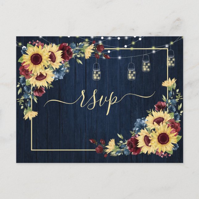 Sunflower Navy Blue Burgundy Wood Floral +Menu Invitation Postcard (Front)