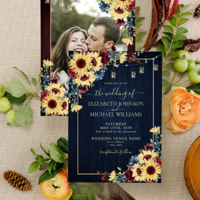 Sunflower Navy Blue Burgundy Wood Floral Photo v1 Invitation (Creator Uploaded)