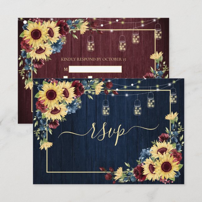 Sunflower Navy Blue Burgundy Wood Floral RSVP (Front/Back)