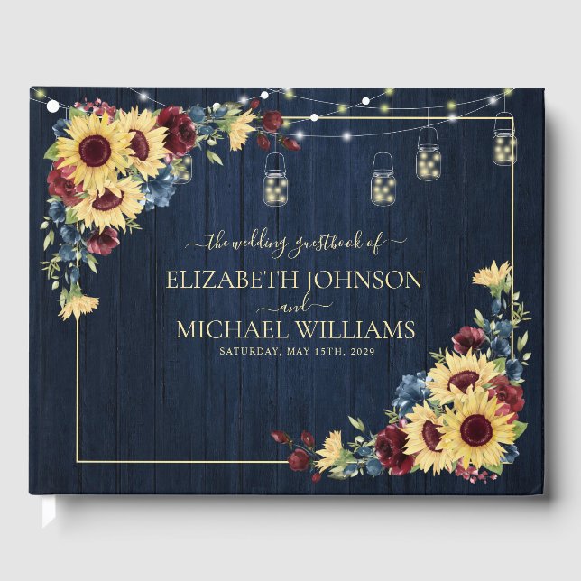 Sunflower Navy Blue Burgundy Wood Floral Wedding Guest Book (Front)