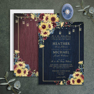 Sunflower Navy Blue Burgundy Wood Floral Wedding I Invitation