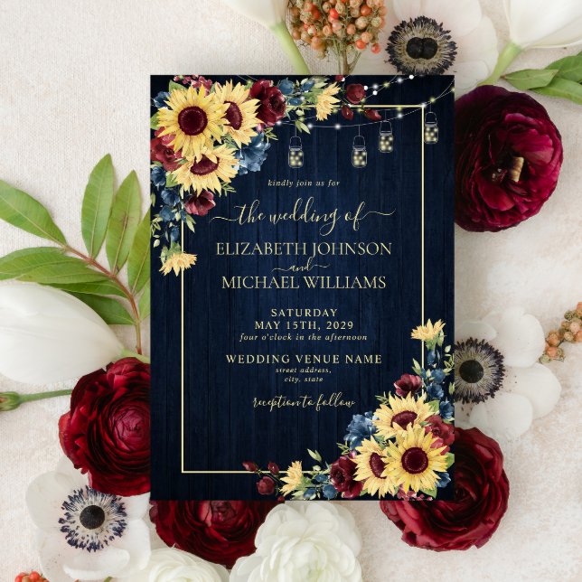 Sunflower Navy Blue Burgundy Wood Floral Wedding Invitation (Creator Uploaded)