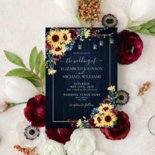 Sunflower Navy Blue Burgundy Wood Floral Wedding Invitation