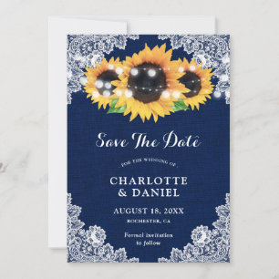 Sunflower Navy Blue Burlap Lace Wedding Save The Date