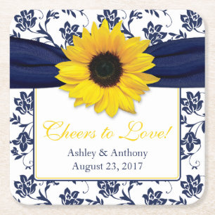 Sunflower Navy Blue Damask Personalised Wedding Square Paper Coaster