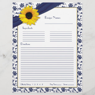 Sunflower Navy Blue Floral Binder Recipe Inserts