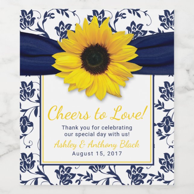 Sunflower Navy Blue Floral Cheers to Love Wedding Wine Label (Single Label)