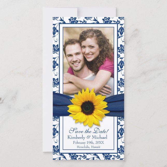 Sunflower Navy Blue Floral Damask Wedding Save The Date (Front)