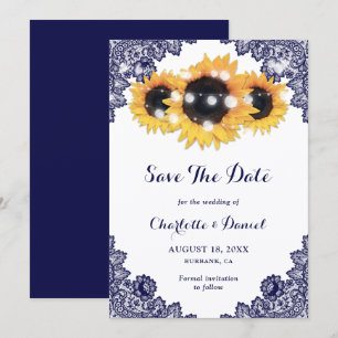 Sunflower Navy Blue Floral Lace Wedding Save The Date