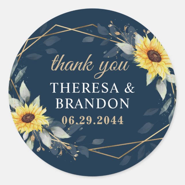 Sunflower & Navy Blue Geometric Wedding Thank You Classic Round Sticker (Front)