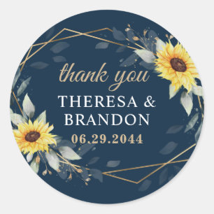 Sunflower & Navy Blue Geometric Wedding Thank You Classic Round Sticker