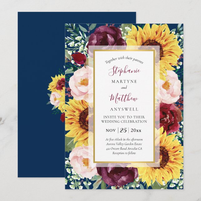 Sunflower Navy Blue Gold Burgundy Floral Wedding Invitation (Front/Back)