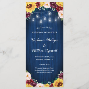 Sunflower Navy Blue Jar Lights Burgundy Wedding Programme