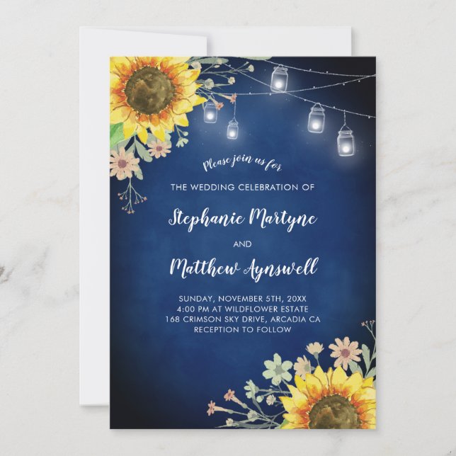 Sunflower Navy Blue Mason Jar Lights Wedding Invitation (Front)