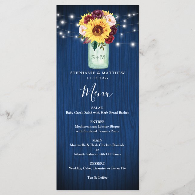 Sunflower Navy Blue Mason Jar Lights Wedding Menu (Front)